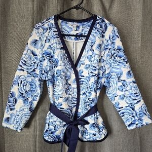 Isaac Mizrahi Live! Large Womens Floral Belted Quilt Jacket Blue Kimono QVC 1672